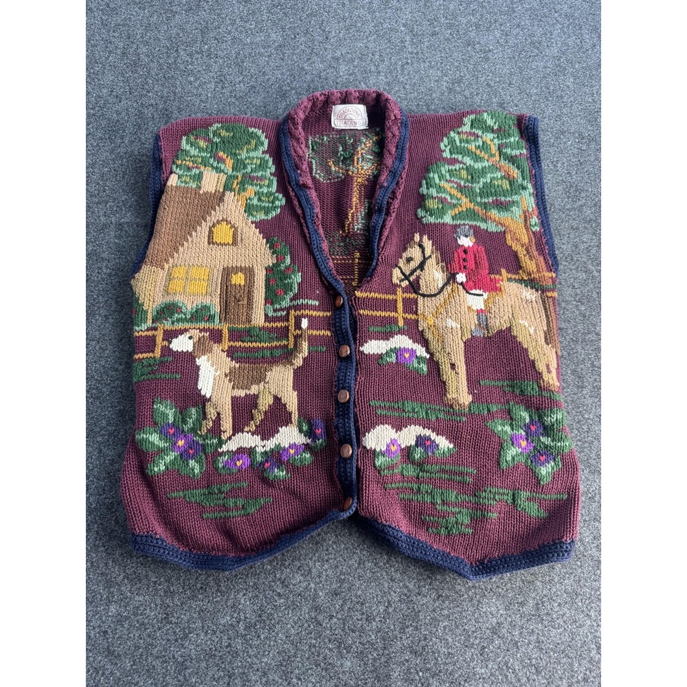 Traditional Tradings Sweater Vest Women's L Multicolor Horse Dog Western Chunky
